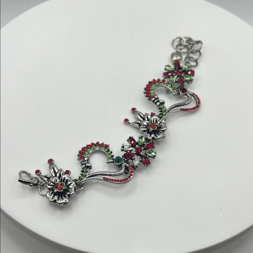 316. Elegant Silver and Red Floral Bracelet